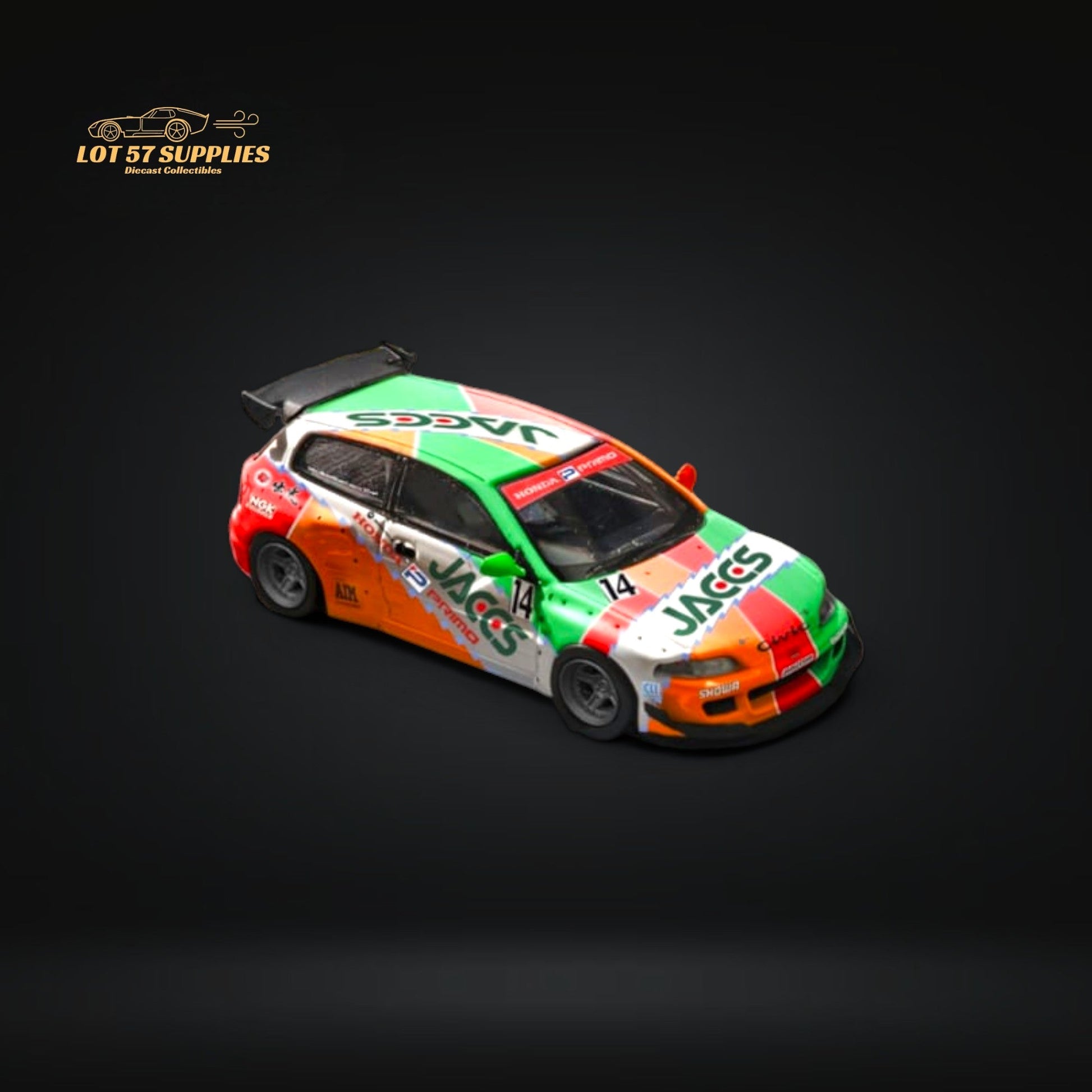 Diecast 1:64 Honda Civic EG6 with Rocket Bunny JACCS #14 livery by Lot57Supplies Diecast Shop, detailed model car image.