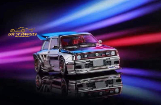 Silver chrome Liberty64 Volkswagen VW MK2 widebody diecast car model in 1:64 scale, detailed and realistic appearance.