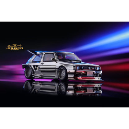 Silver chrome Liberty64 Volkswagen MK2 widebody diecast model by Lot57Supplies, detailed 1:64 scale Volkswagen car.