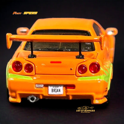 Fast Speed Nissan Skyline GT-R R34 Z-Tune HighWing Edition FNS Livery Amber Orange 1:64 - Evergreen Kings