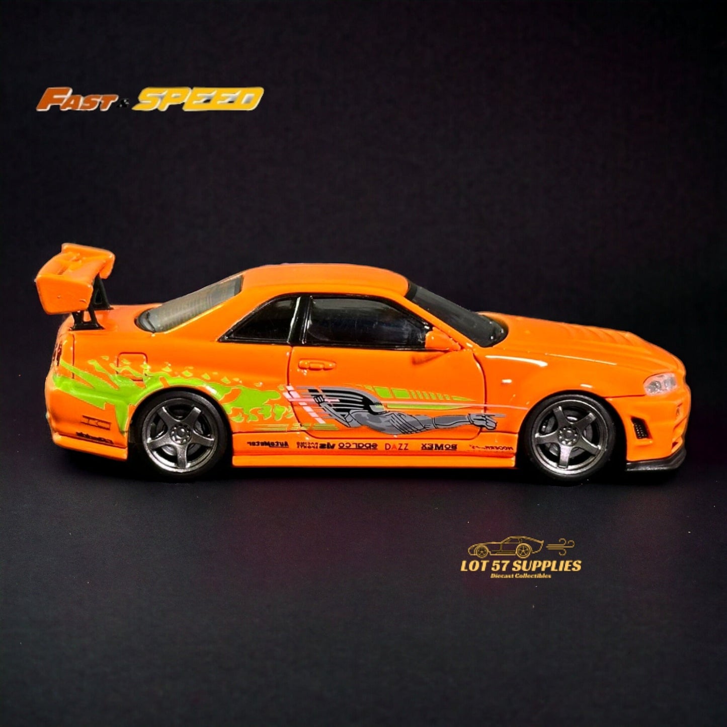 Fast Speed Nissan Skyline GT-R R34 Z-Tune HighWing Edition FNS Livery Amber Orange 1:64 - Evergreen Kings