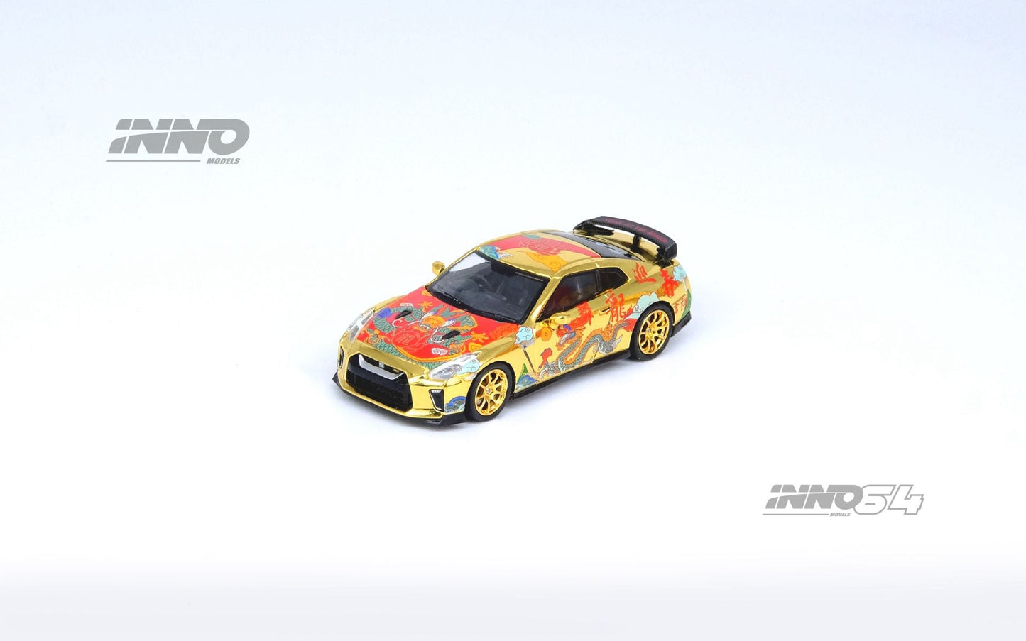 Detailed image of a 1:64 scale Inno64 Nissan Skyline GT-R R35 Year of the Dragon Special Edition diecast model.