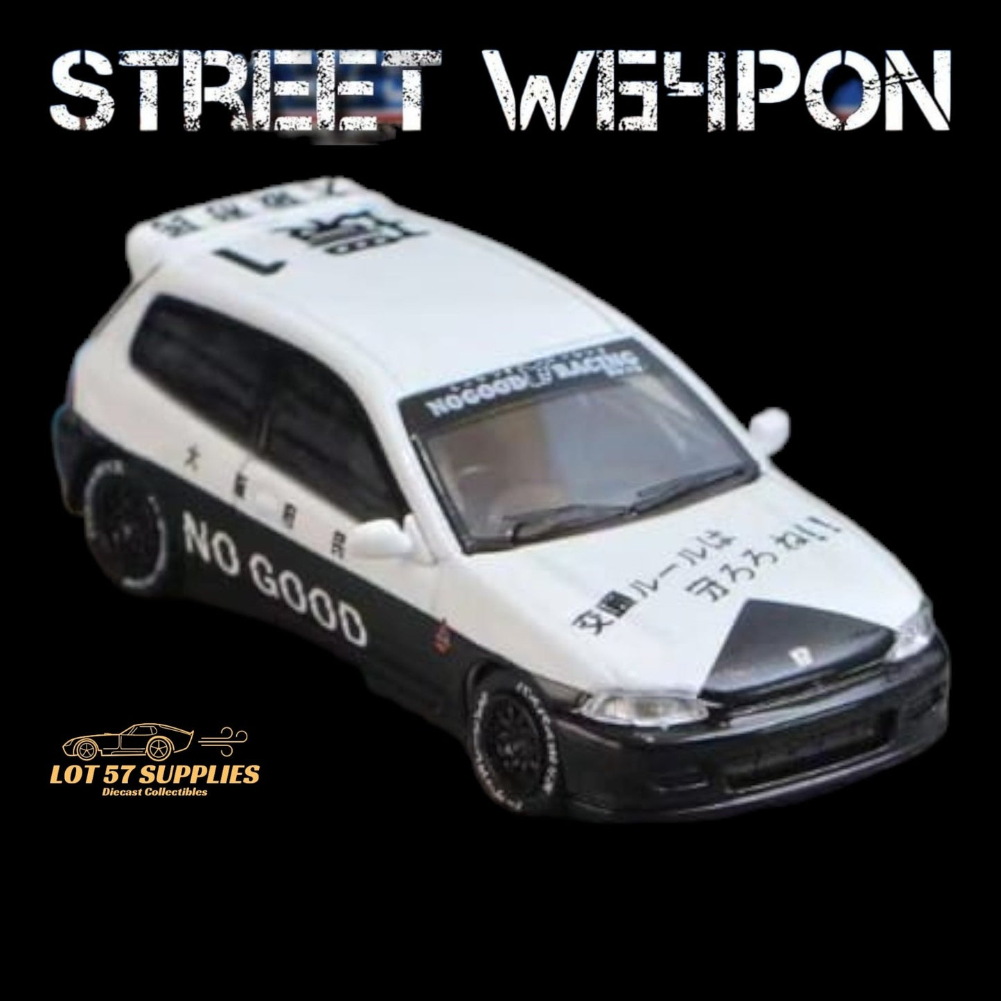 Diecast Honda Civic EG6 police livery model by Lot57Supplies, 1:64 scale, detailed street weapon design, blue and white police vehicle.
