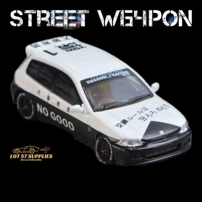 Diecast Honda Civic EG6 police livery model by Lot57Supplies, 1:64 scale, detailed street weapon design, blue and white police vehicle.
