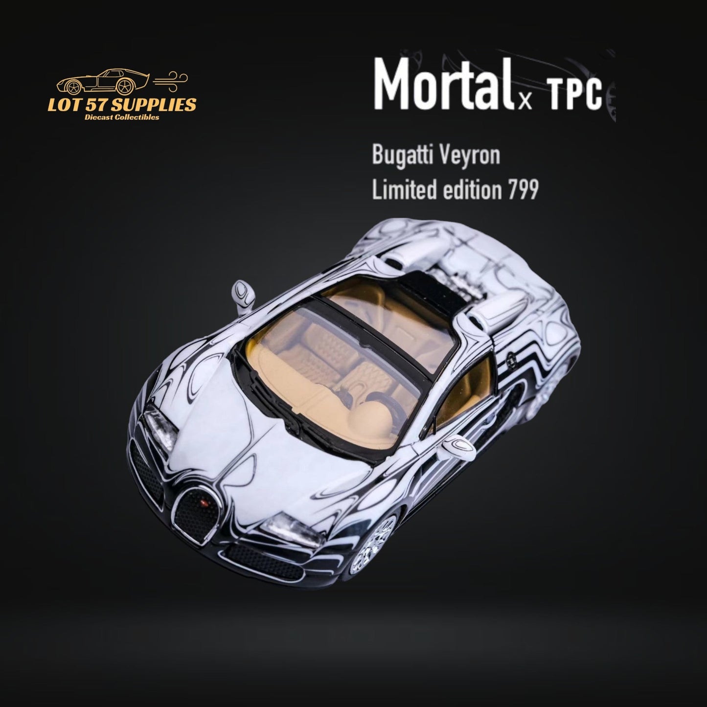 Miniature white ceramic Bugatti Veyron diecast model by Mortal Bugatti Veyron, detailed 1:64 scale collectible car.