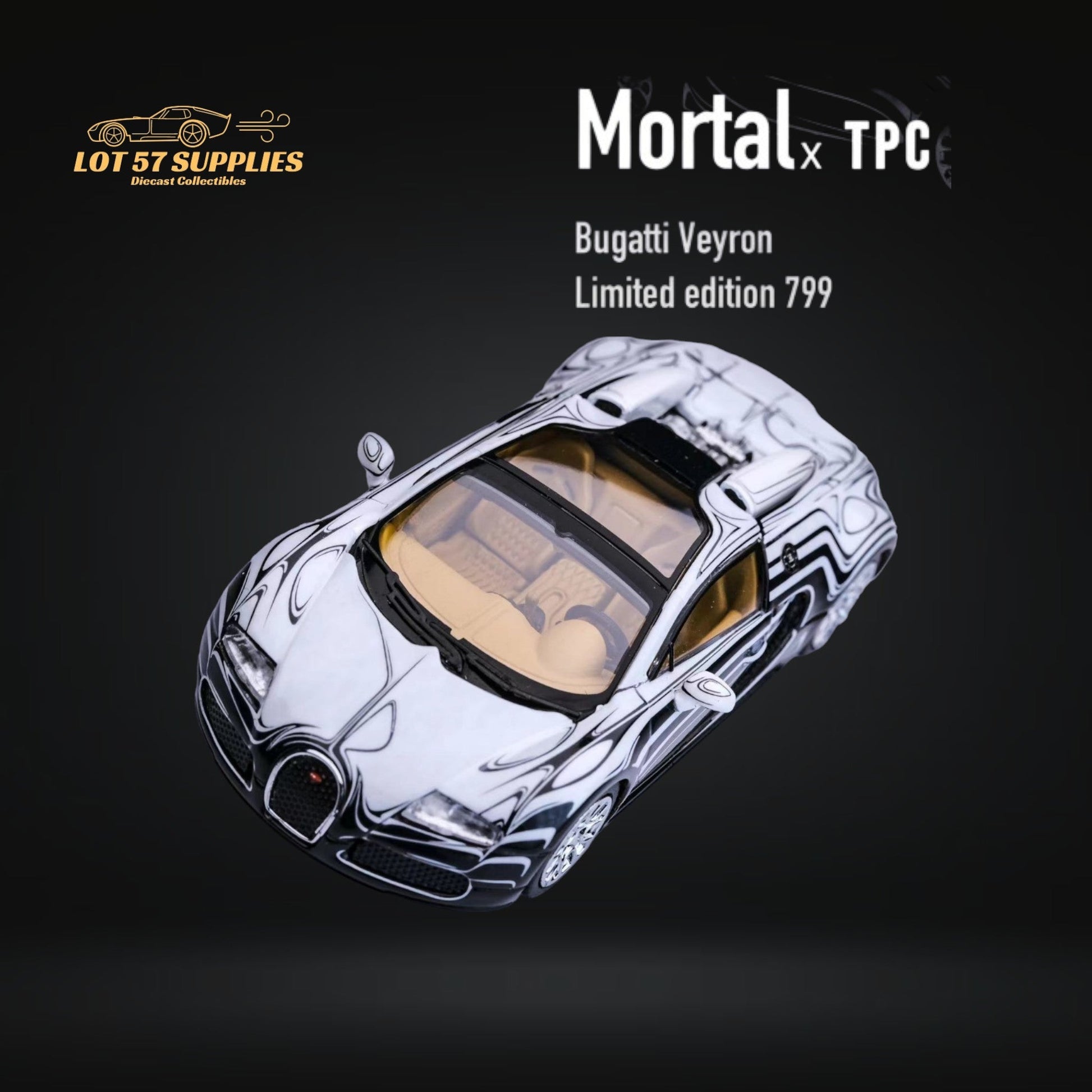 Miniature white ceramic Bugatti Veyron diecast model by Mortal Bugatti Veyron, detailed 1:64 scale collectible car.