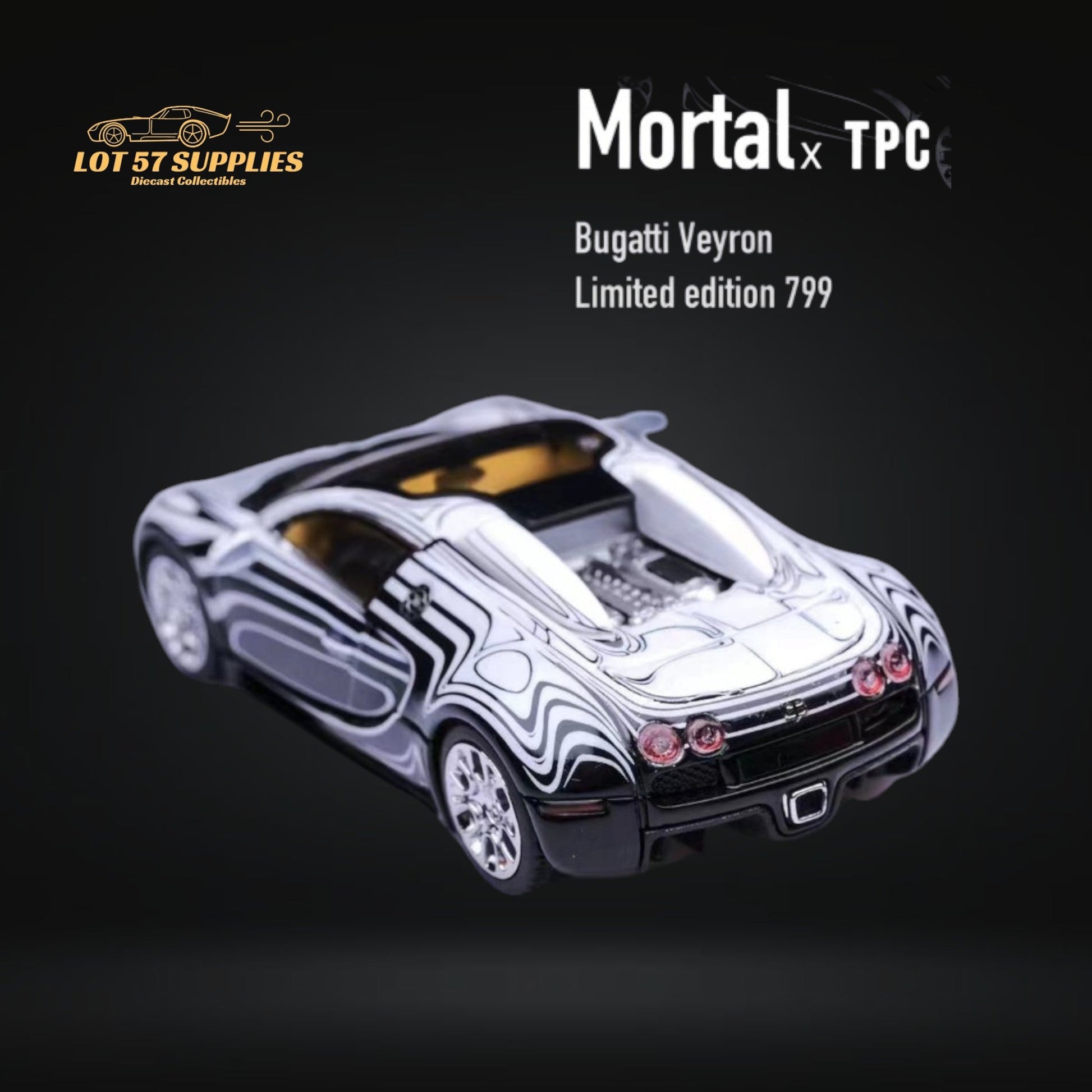 Ceramic diecast model of a Bugatti Veyron by Mortal Bugatti Veyron, detailed 1:64 scale dragon design from Lot57Supplies Diecast Shop