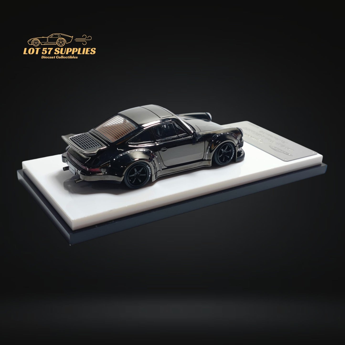 Chrome Gunmetal Gray 1:64 scale Porsche RWB 930 diecast model by Lot57Supplies Diecast Shop, showcasing detailed exterior and wheels.