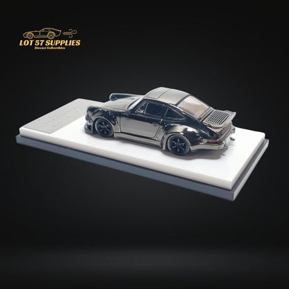 Chrome gunmetal gray 1:64 scale Porsche RWB 930 diecast model by Lot57Supplies Diecast Shop, detailed view of the collectible car.