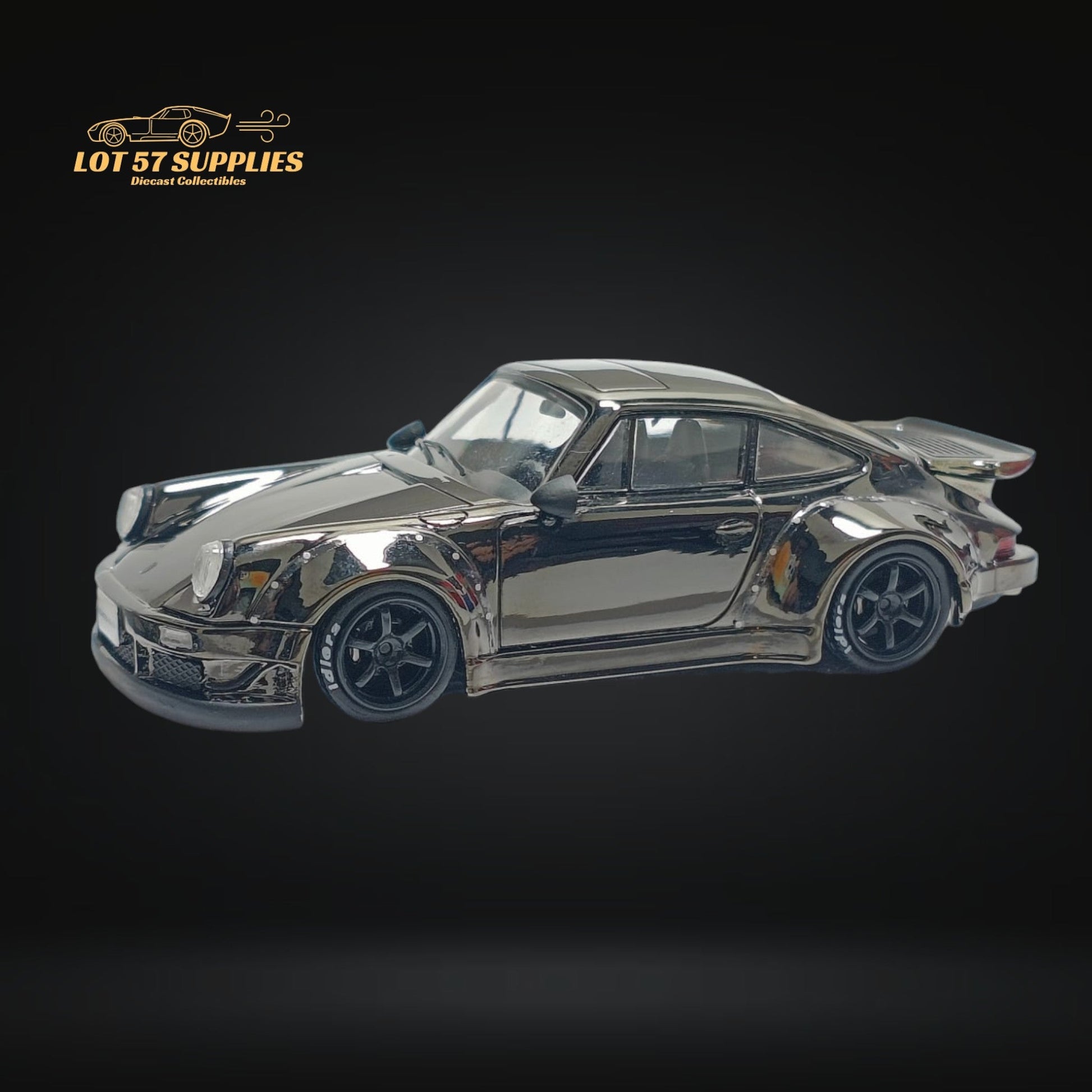 Chrome gunmetal gray Porsche RWB 930 diecast model in 1:64 scale from Lot57Supplies Diecast Shop.