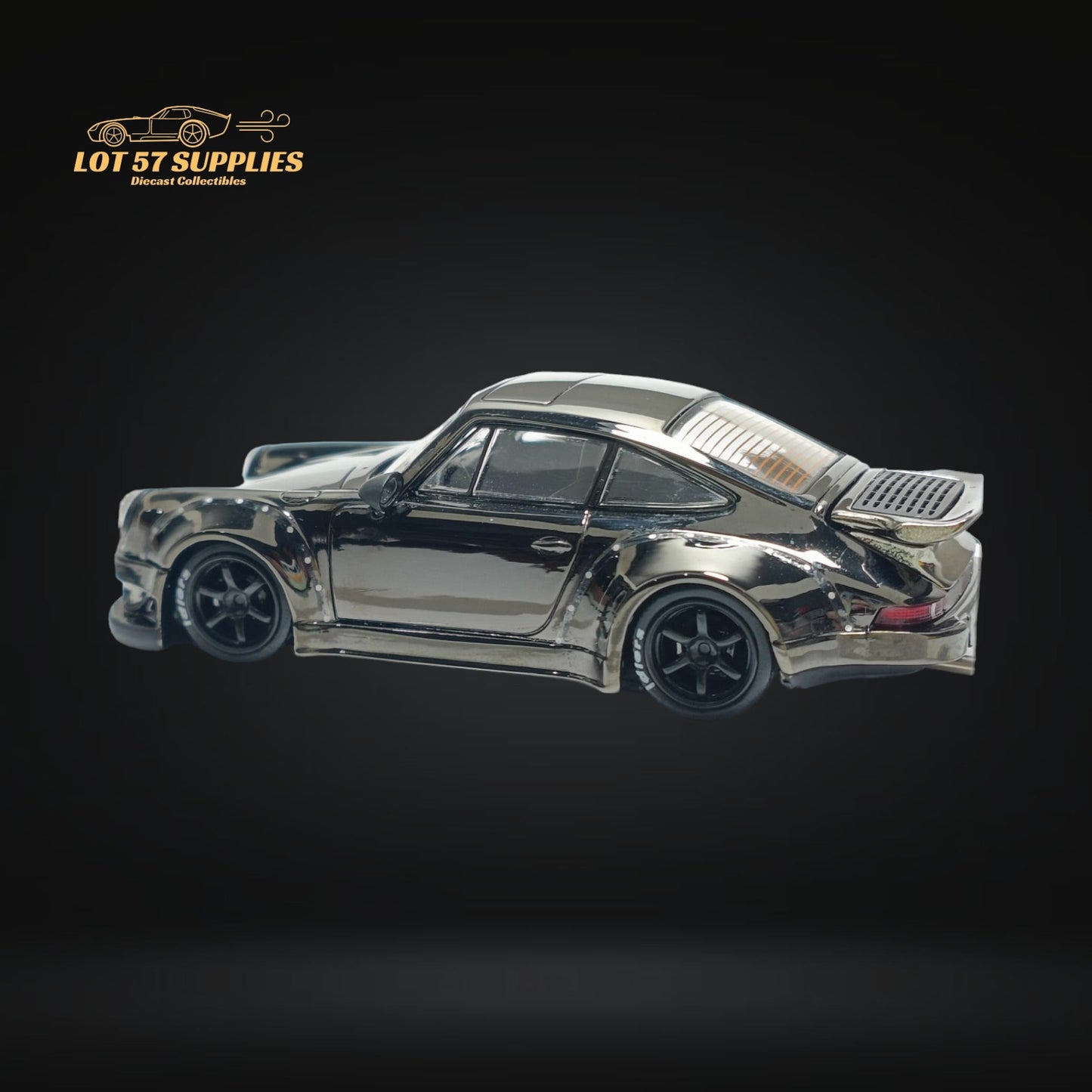 Chrome gunmetal gray 1:64 scale Porsche RWB 930 diecast model from Lot57Supplies Diecast Shop, detailed and realistic.