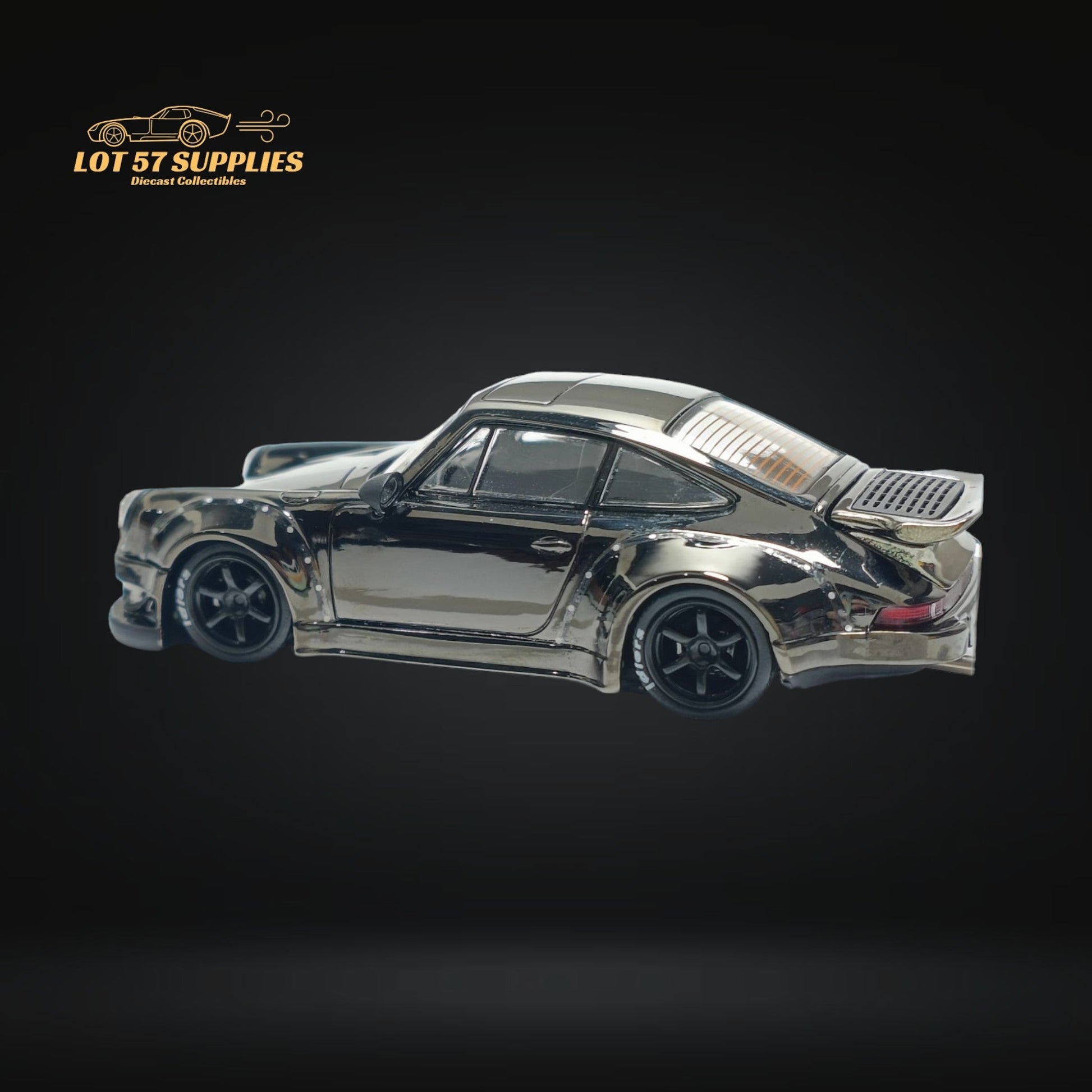 Chrome gunmetal gray 1:64 scale Porsche RWB 930 diecast model from Lot57Supplies Diecast Shop, detailed and realistic.