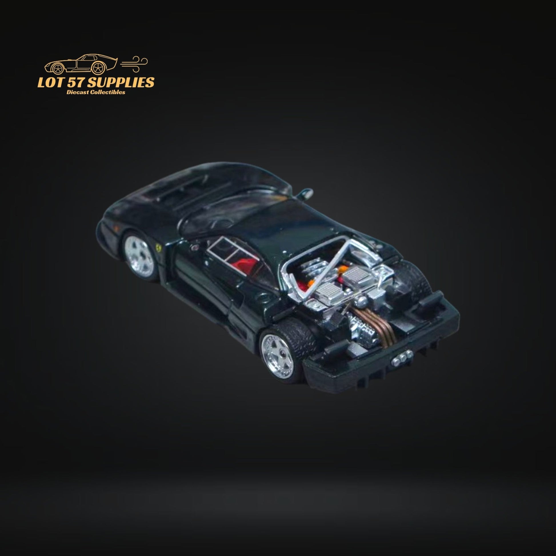 Diecast Ferrari Stance Hunters Ferrari F40 LM model in British Green, 1:64 scale, showcasing detailed craftsmanship and design.