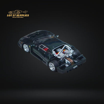 Diecast Ferrari Stance Hunters Ferrari F40 LM model in British Green, 1:64 scale, showcasing detailed craftsmanship and design.