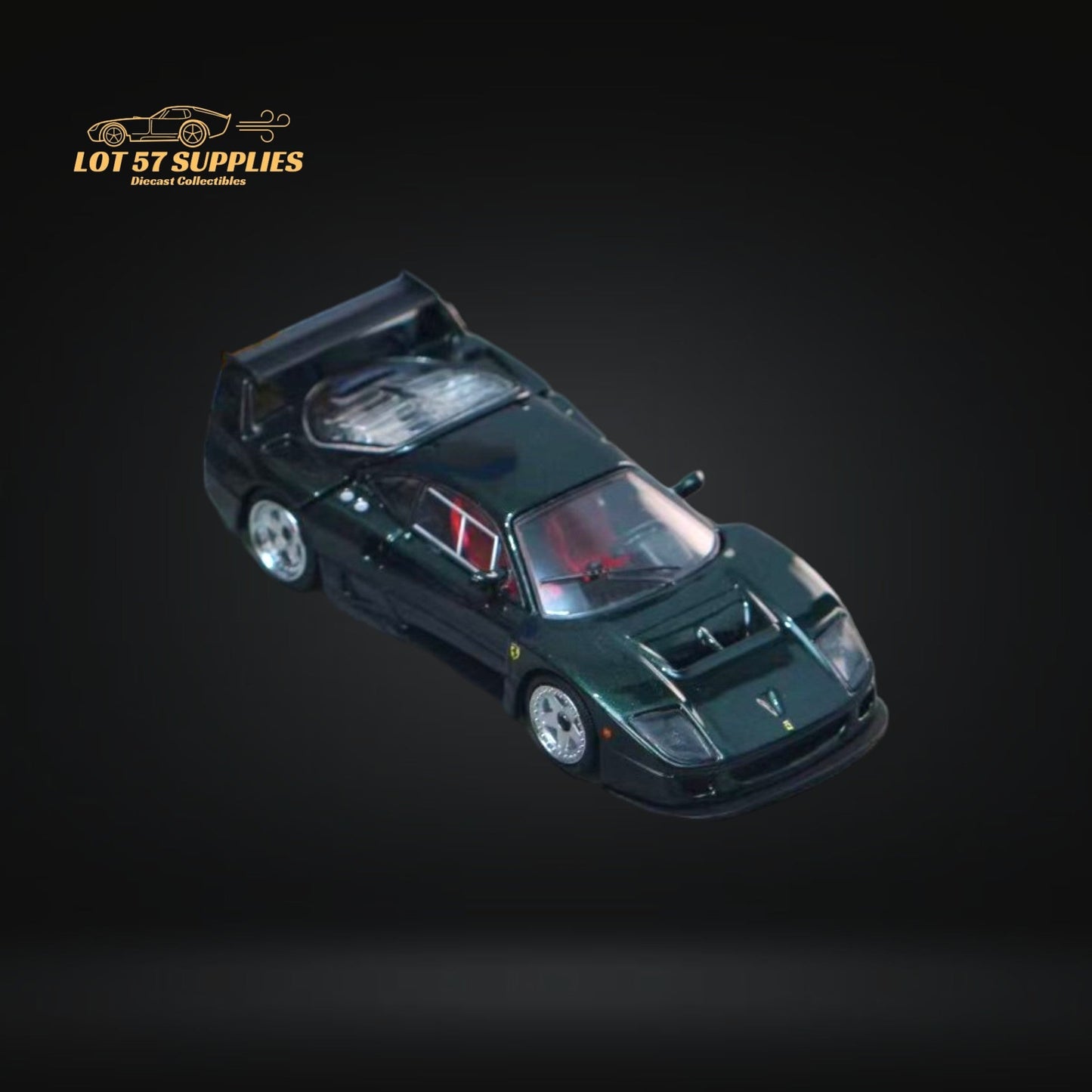 Green Ferrari 1:64 diecast model from Stance Hunters featuring the Ferrari F40 LM in British green, detailed and collectible.