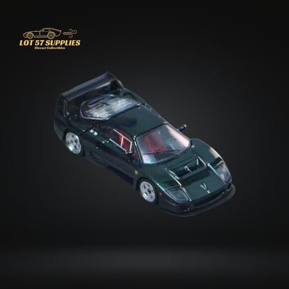 Green Ferrari 1:64 diecast model from Stance Hunters featuring the Ferrari F40 LM in British green, detailed and collectible.