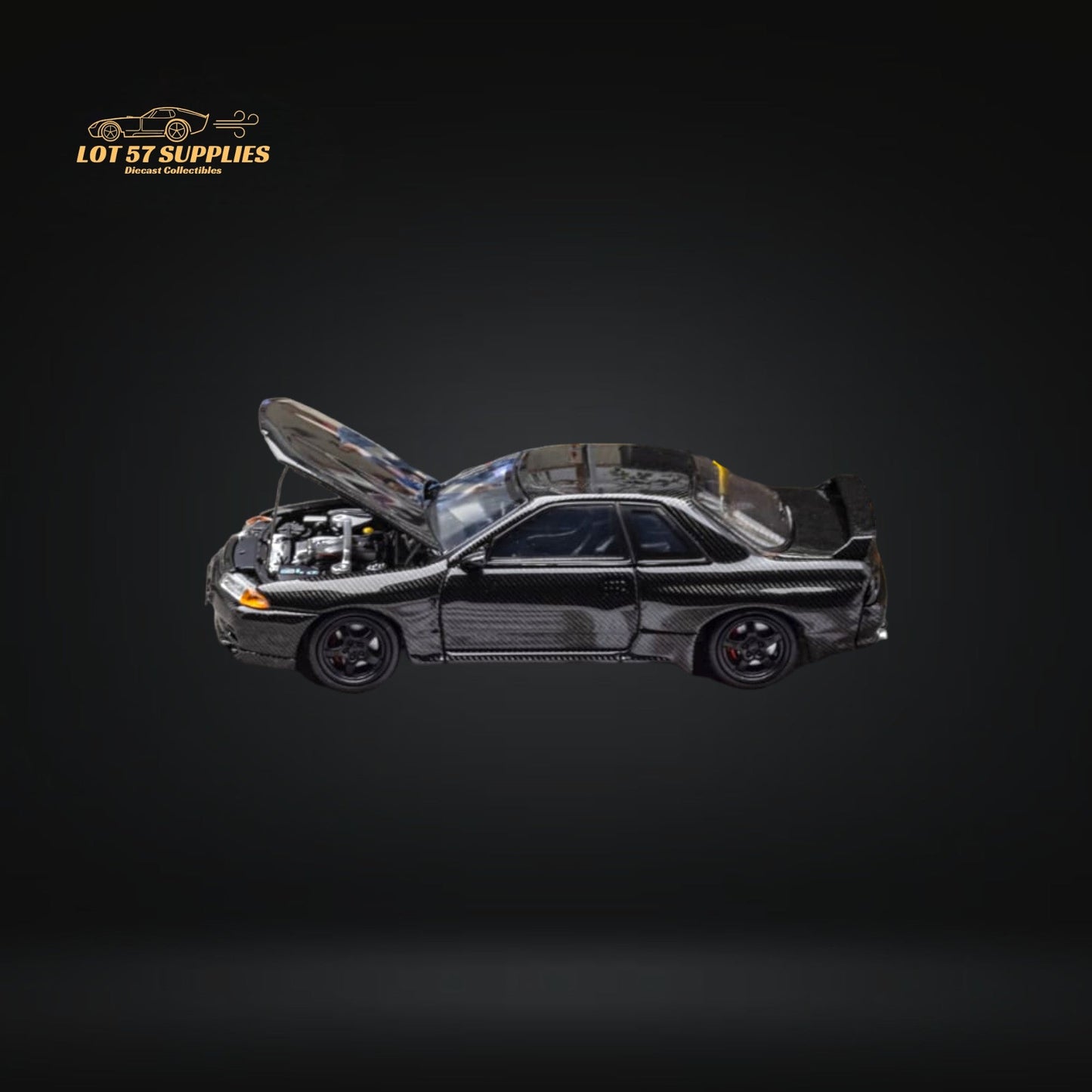 Nissan Skyline R32 Nismo S-Tune diecast model car in 1:64 scale by Lot57Supplies, detailed black and red design.