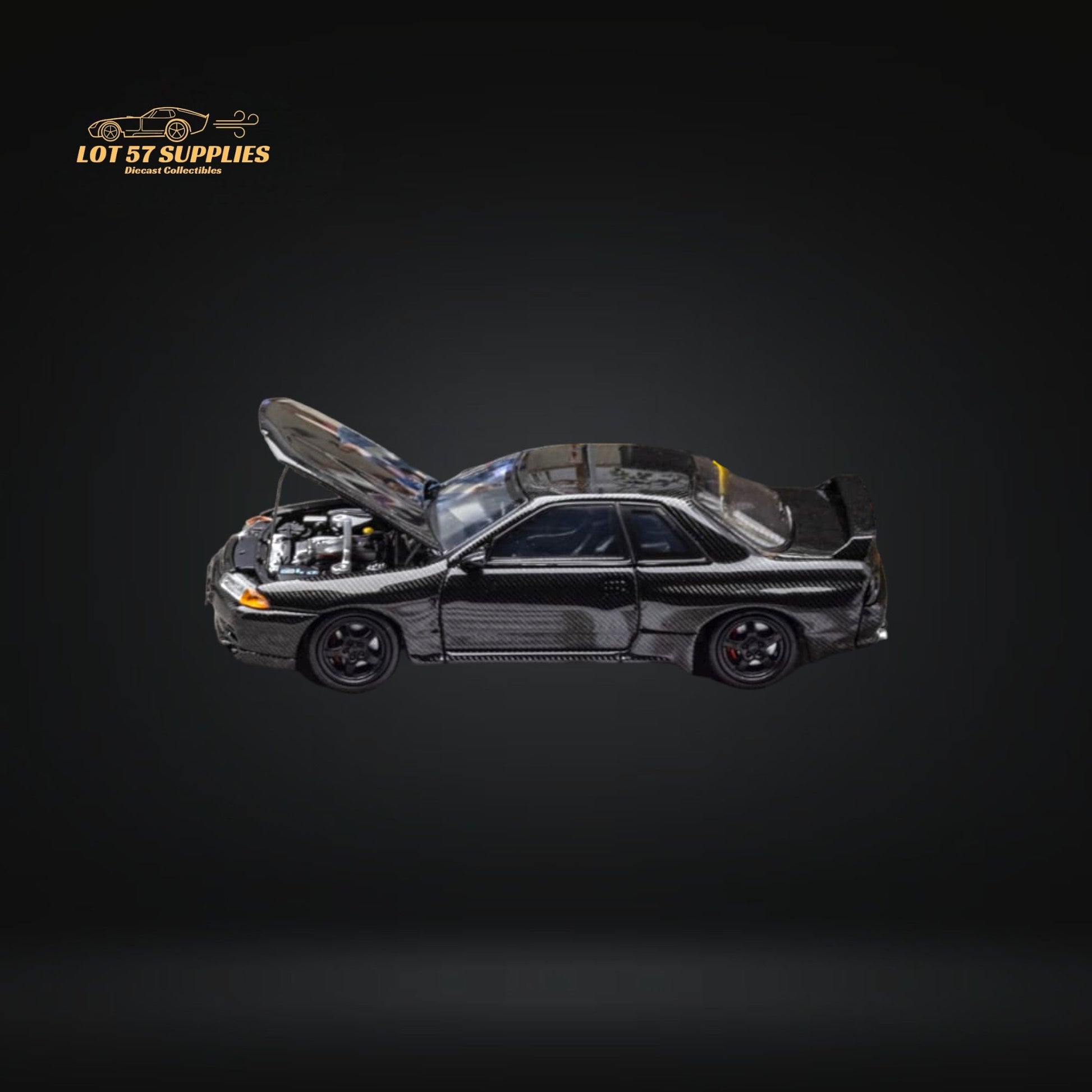 Nissan Skyline R32 Nismo S-Tune diecast model car in 1:64 scale by Lot57Supplies, detailed black and red design.