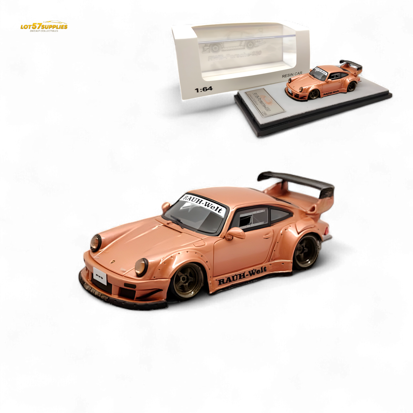 Champagne gold Porsche RWB 930 diecast model by Lot57Supplies, scaled 1:64, detailed miniature car with realistic features.