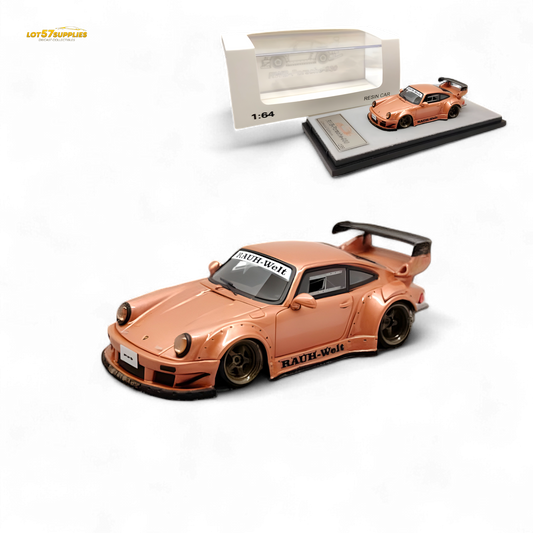 Champagne gold Porsche RWB 930 diecast model by Lot57Supplies, scaled 1:64, detailed miniature car with realistic features.