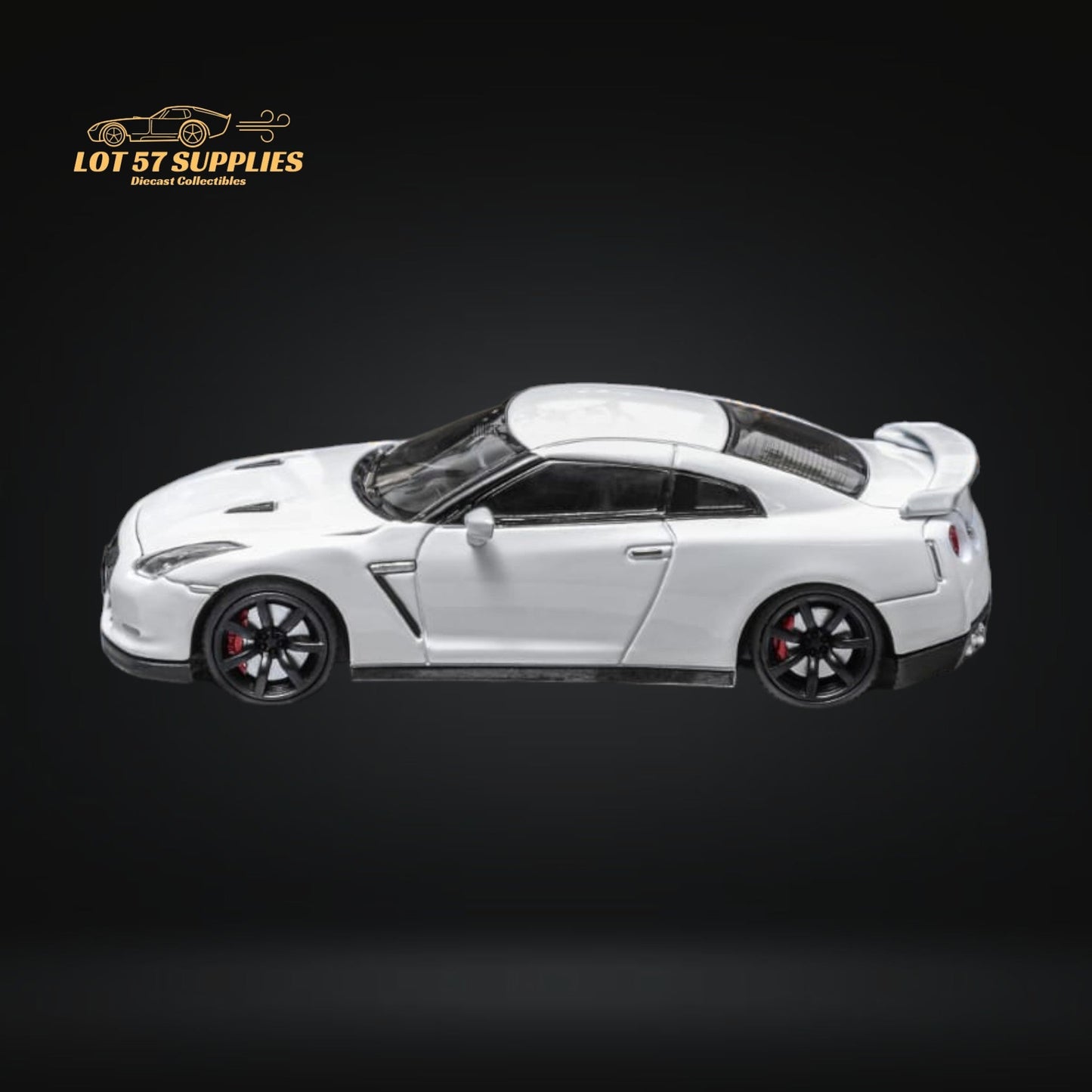 White Nissan Skyline GT-R R35 diecast model by Lot57Supplies, 1:64 scale, detailed exterior view with wheels and aerodynamic features.