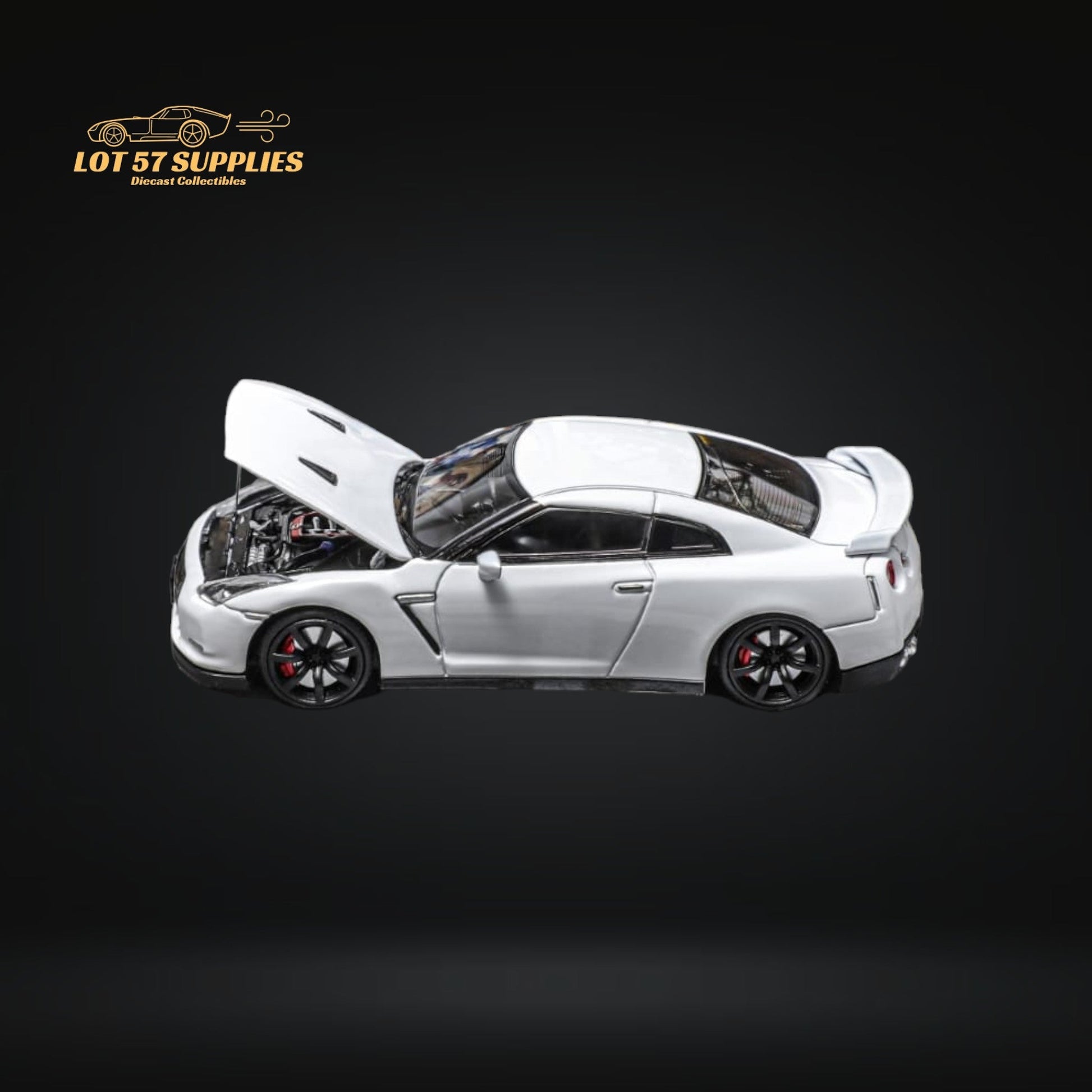White 1:64 scale Nissan Skyline GT-R R35 diecast model by Focal Horizon, detailed miniature car with realistic features.
