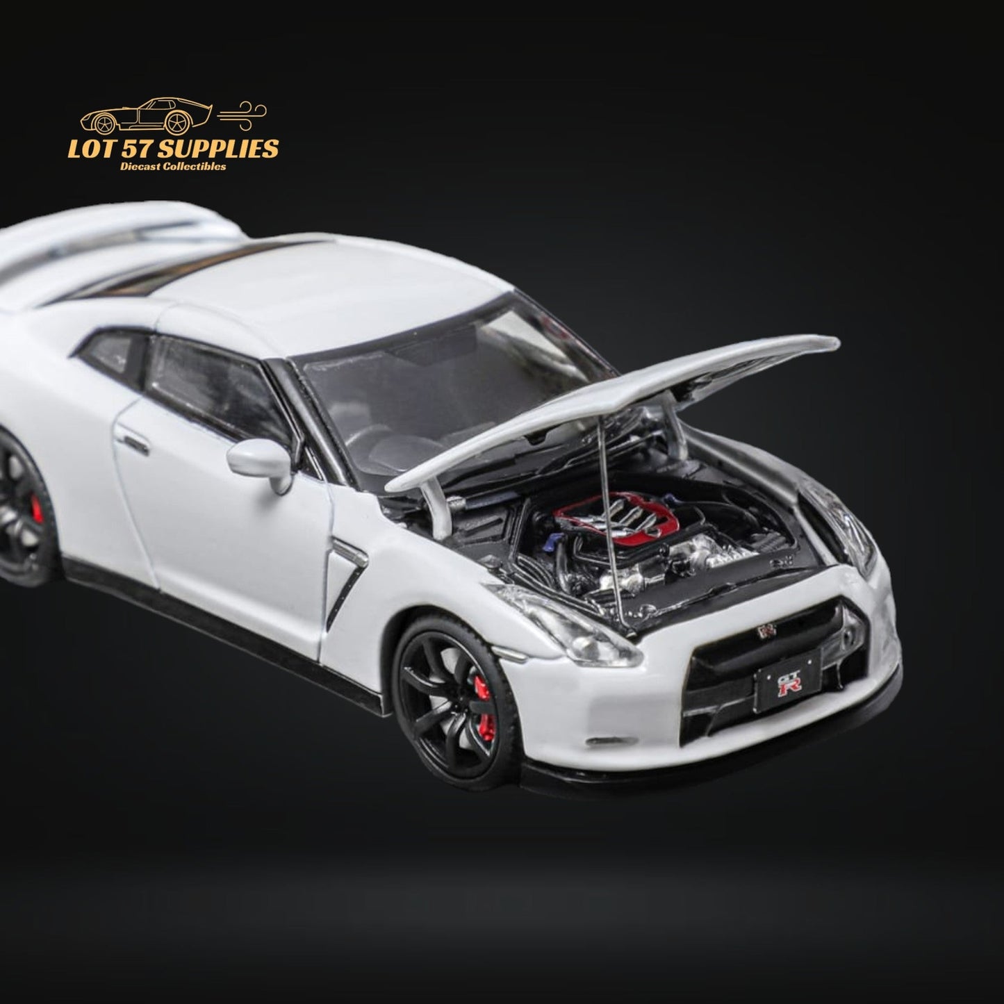 White 1:64 scale Nissan Skyline GT-R R35 diecast model by Lot57Supplies Diecast Shop, detailed view of the miniature car.