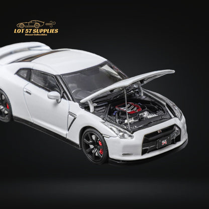 White 1:64 scale Nissan Skyline GT-R R35 diecast model by Lot57Supplies Diecast Shop, detailed view of the miniature car.