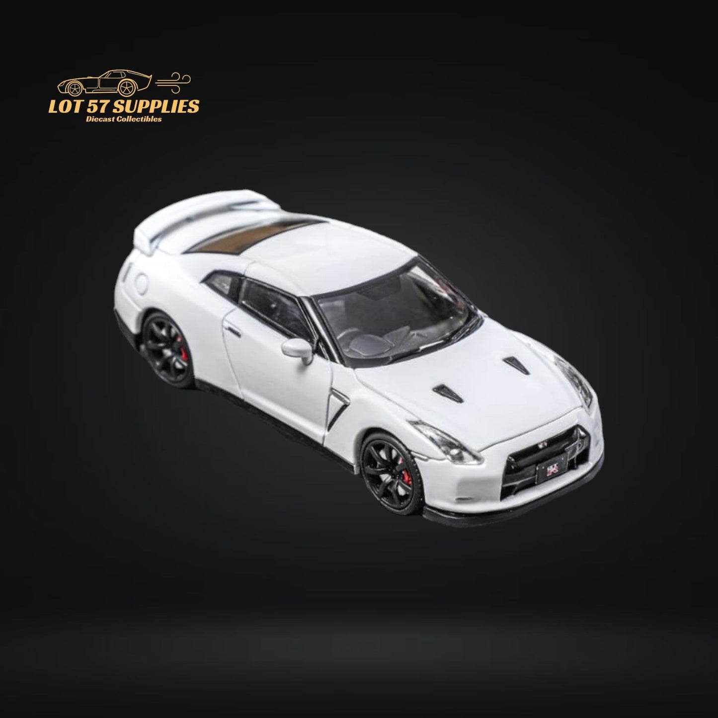 White Nissan Skyline GT-R R35 diecast model by Lot57Supplies, detailed 1:64 scale car on a neutral background.