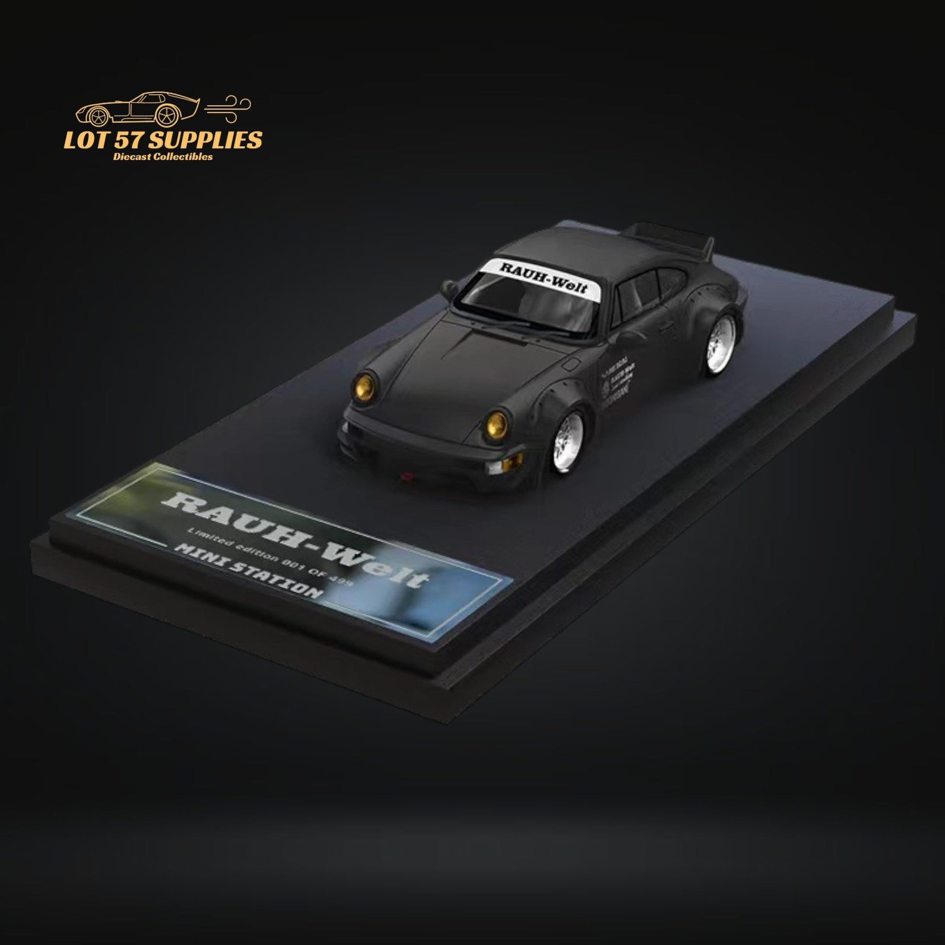 Mini Porsche RWB 964 Samurai Black diecast car, 1:64 scale from Lot57Supplies Diecast Shop, detailed model for collectors.