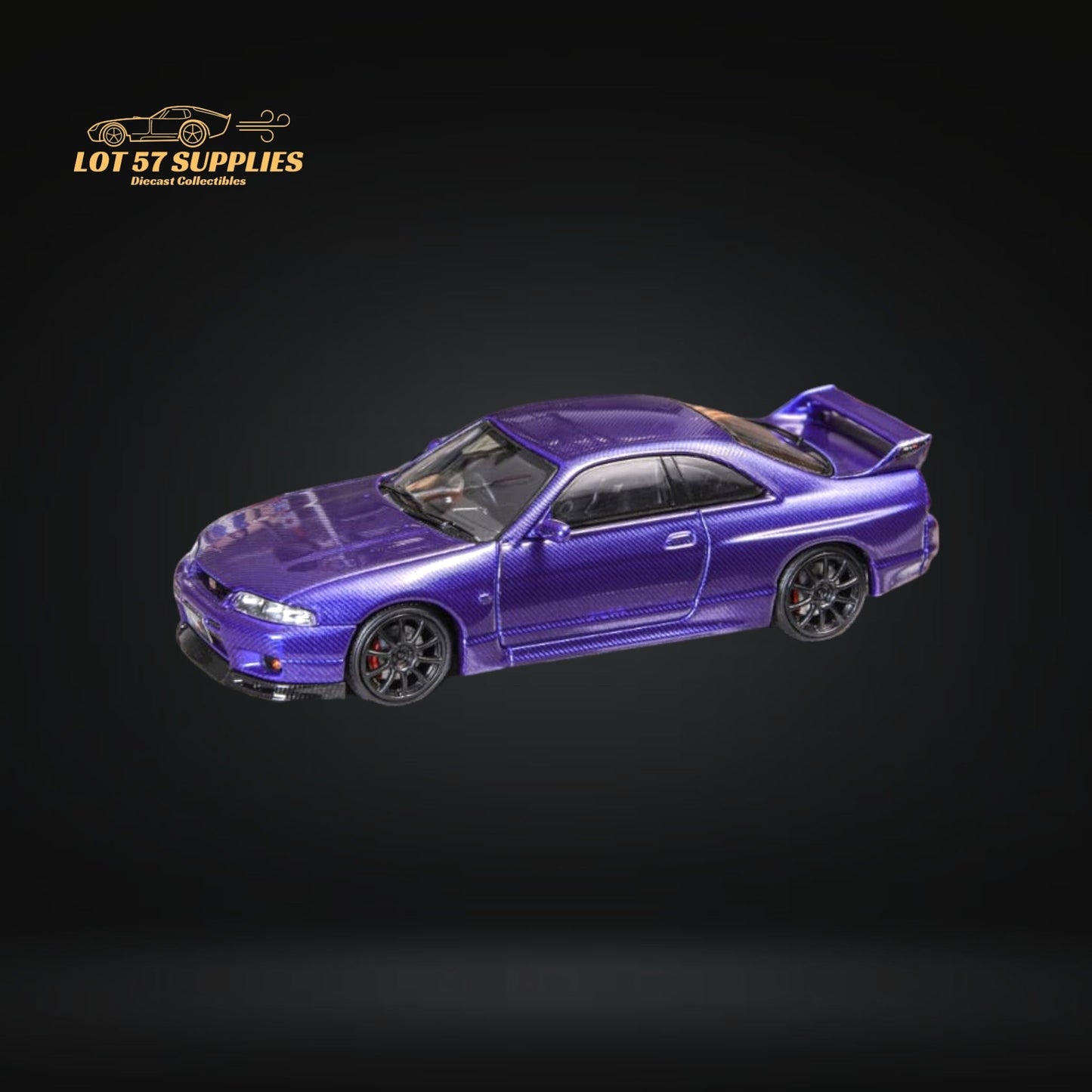 Purple Focal Horizon Nissan Skyline R33 diecast model in 1:64 scale, detailed miniature car on a plain background.
