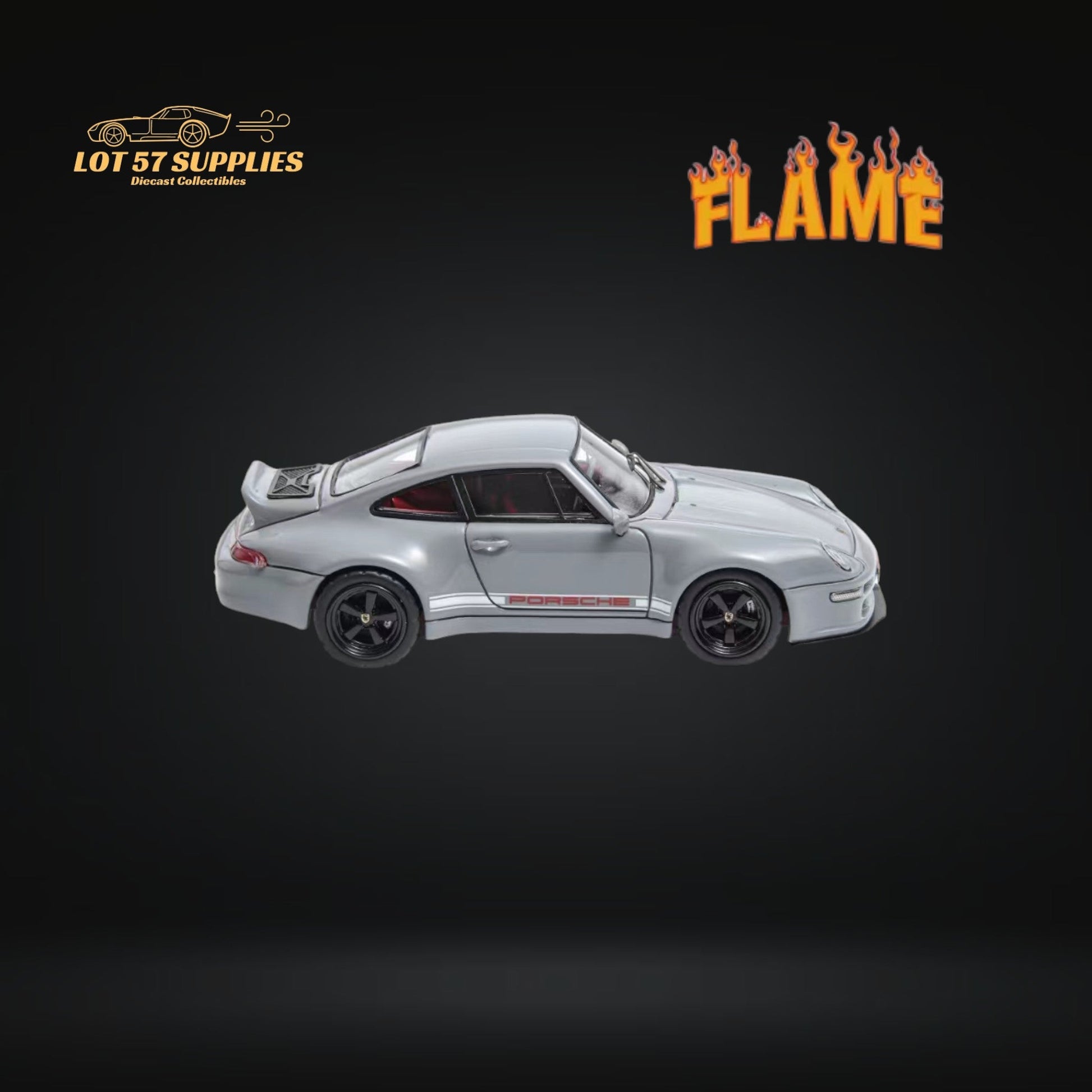 Cement gray Flame Model Porsche 911 Gunther Werks 400R diecast car in 1:64 scale, detailed miniature automotive collectible.