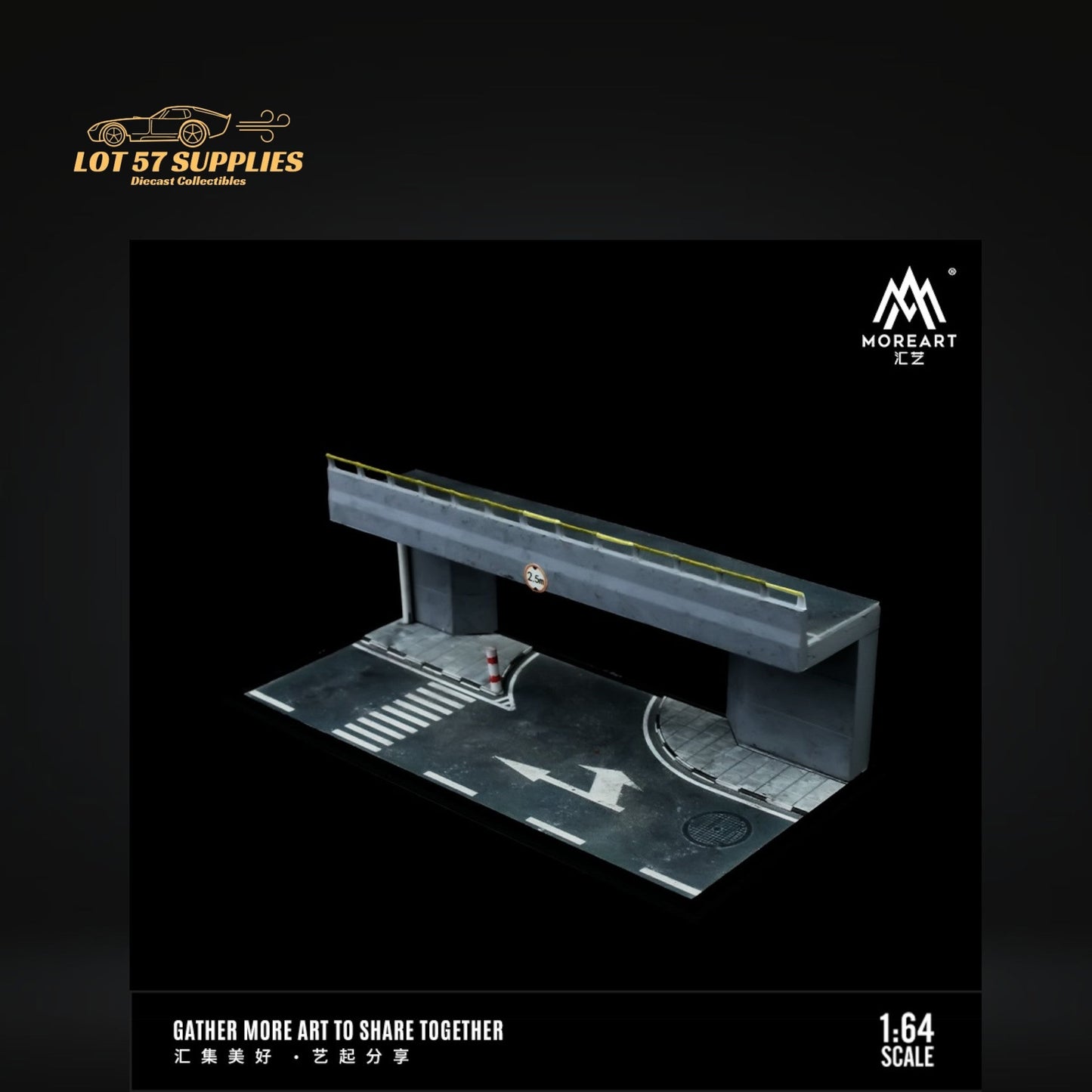 Pre-order MoreArt Overpass Scene Diorama in 1:64 scale by Lot57Supplies Diecast Shop, featuring detailed urban diorama with overpass.