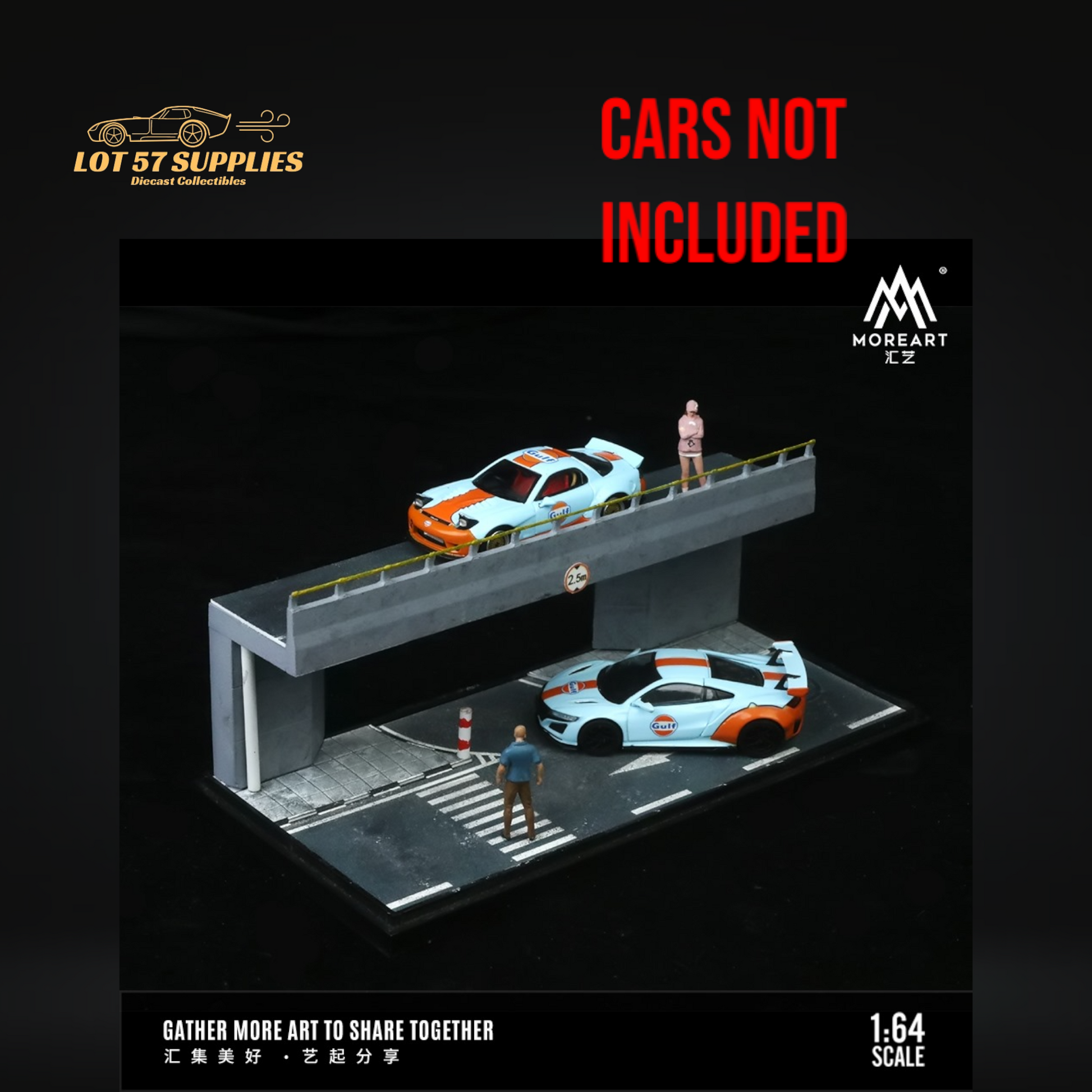 Pre-order MoreArt Overpass Scene diorama in 1:64 scale by Lot57Supplies Diecast Shop, featuring detailed urban street elements and vehicles.
