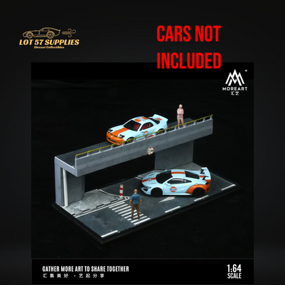 Pre-order MoreArt Overpass Scene diorama in 1:64 scale by Lot57Supplies Diecast Shop, featuring detailed urban street elements and vehicles.
