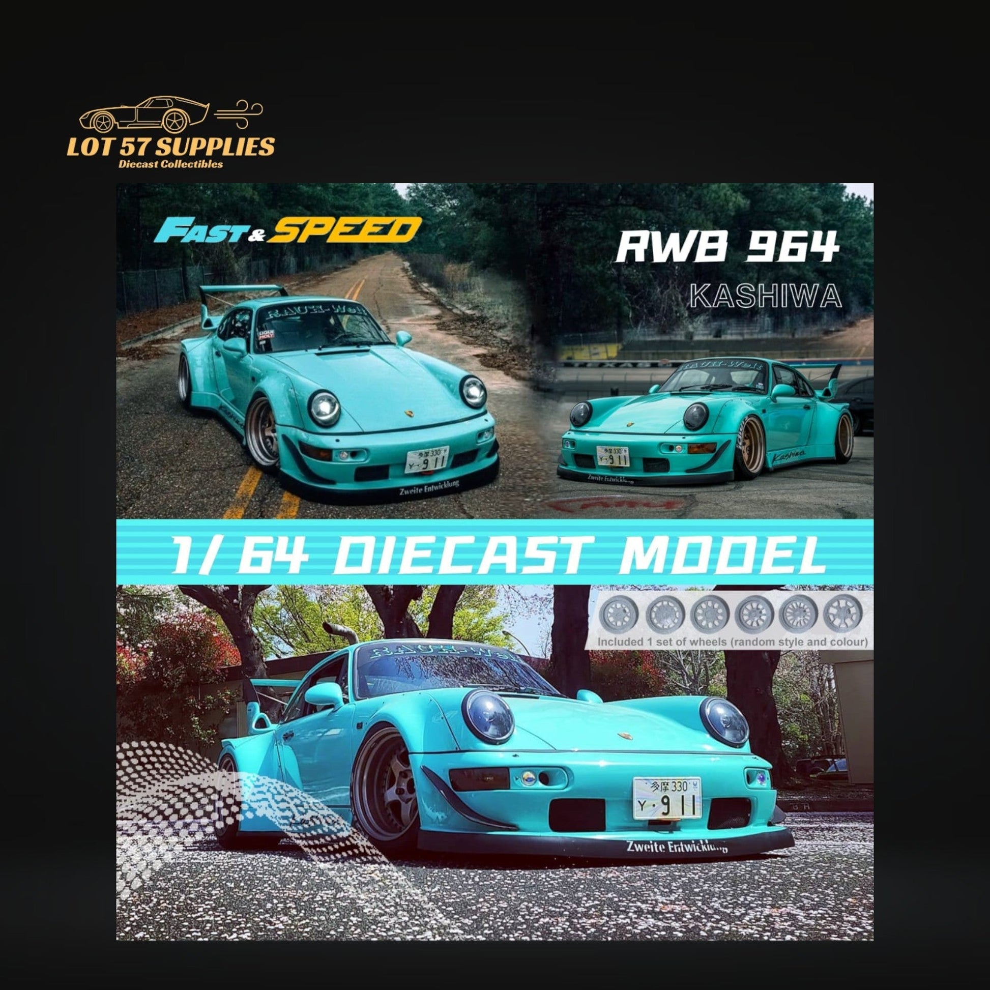 Tiffany blue Porsche 964 RWB diecast car by Lot57Supplies, detailed 1:64 scale model, showcasing sleek design and vibrant color.