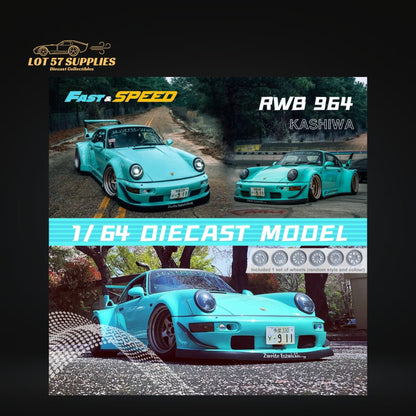 Tiffany blue Porsche 964 RWB diecast car by Lot57Supplies, detailed 1:64 scale model, showcasing sleek design and vibrant color.