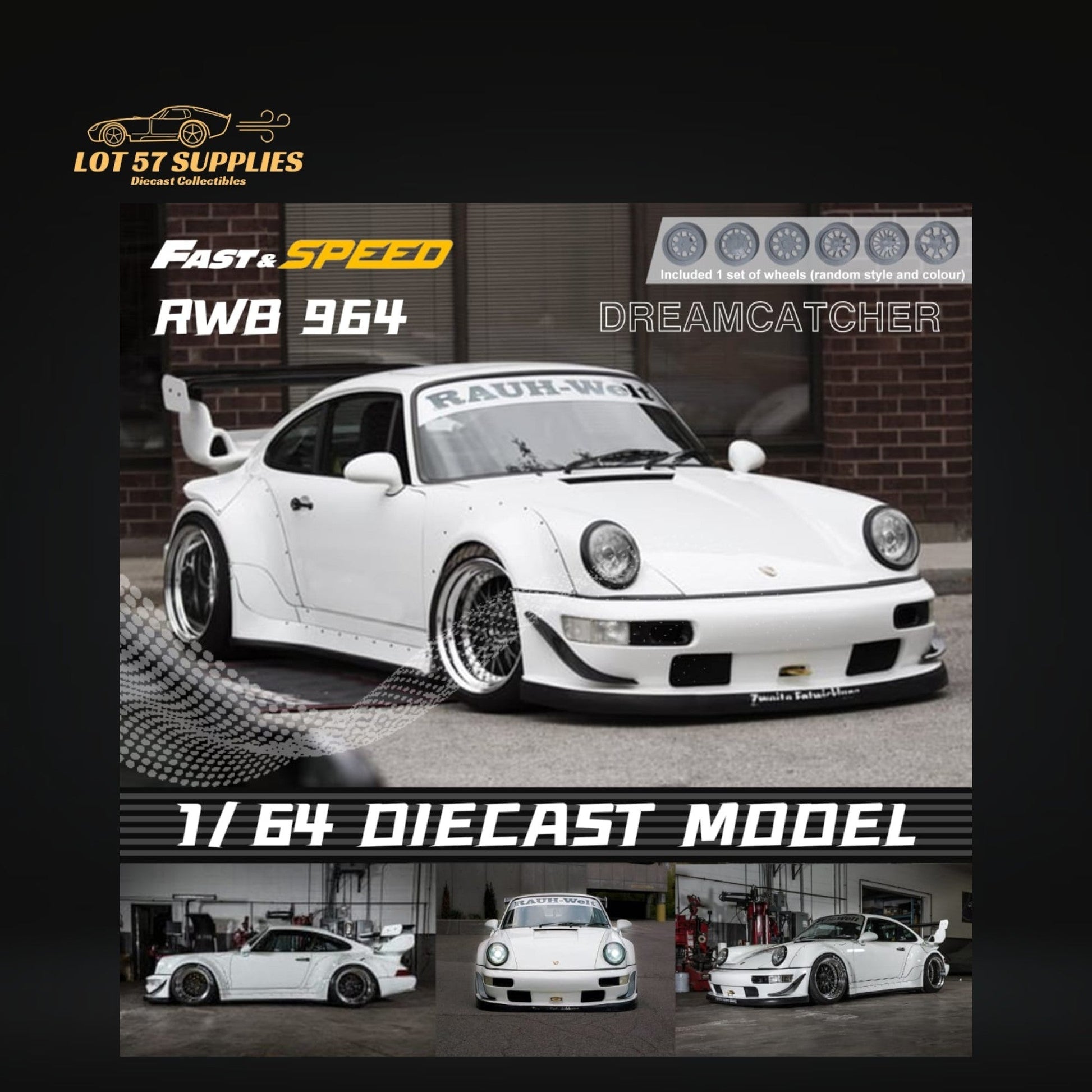 White Porsche 964 RWB Widebody DREAMCATCHER GT version rear wing diecast model, detailed 1:64 scale car part.