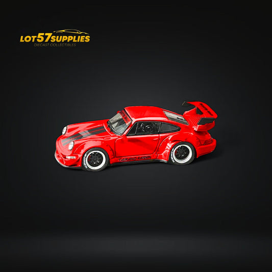 Red 1:64 scale Porsche RWB 964 model car by Lot57Supplies Diecast Shop with detailed design and realistic features.