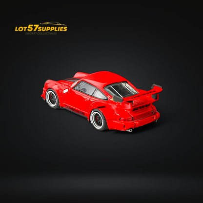 Red 1:64 scale Porsche RWB 964 model car by Lot57Supplies Diecast Shop, showcasing detailed exterior and sleek design.