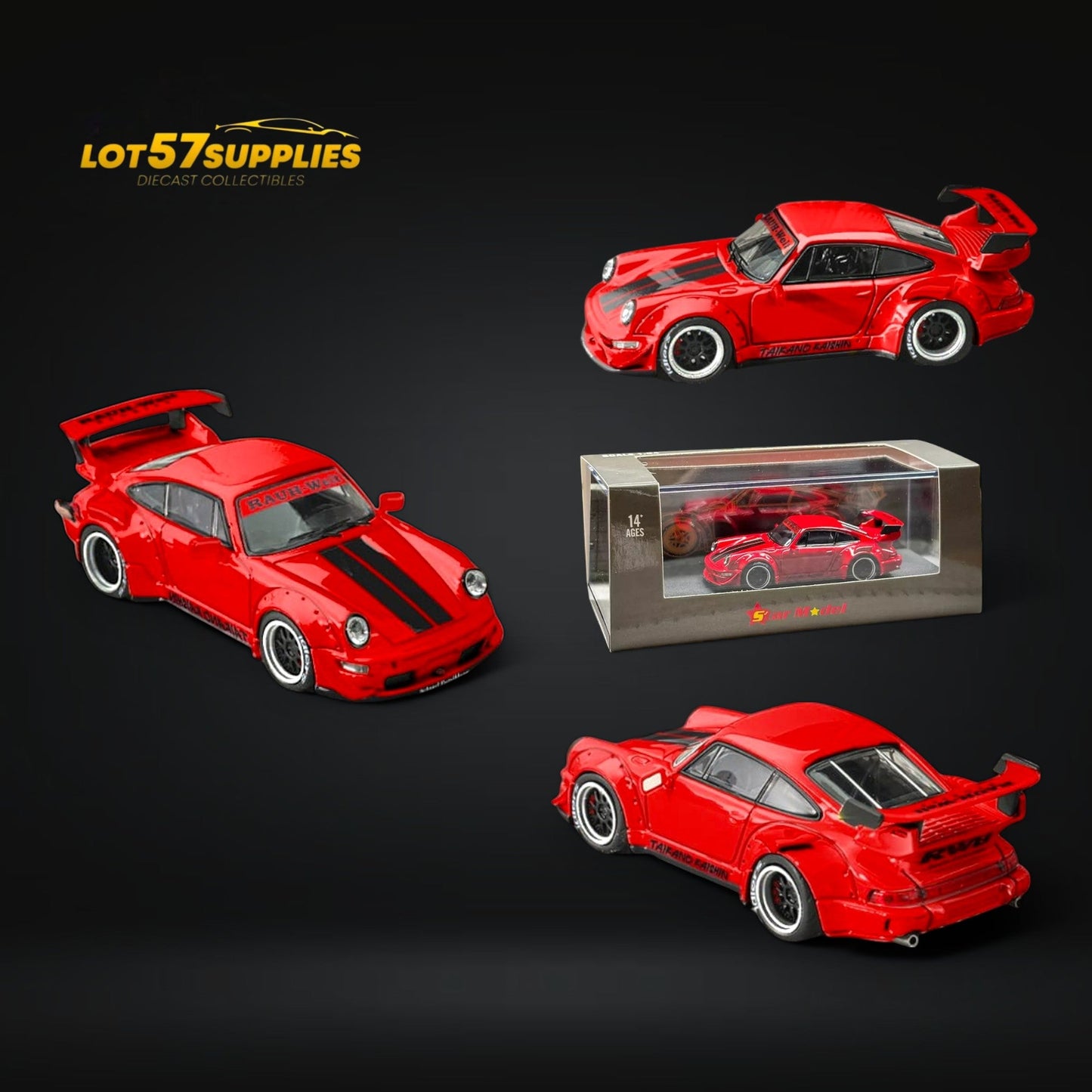 Red 1:64 scale Porsche RWB 964 model car by Star Model, detailed diecast sports vehicle on white background.