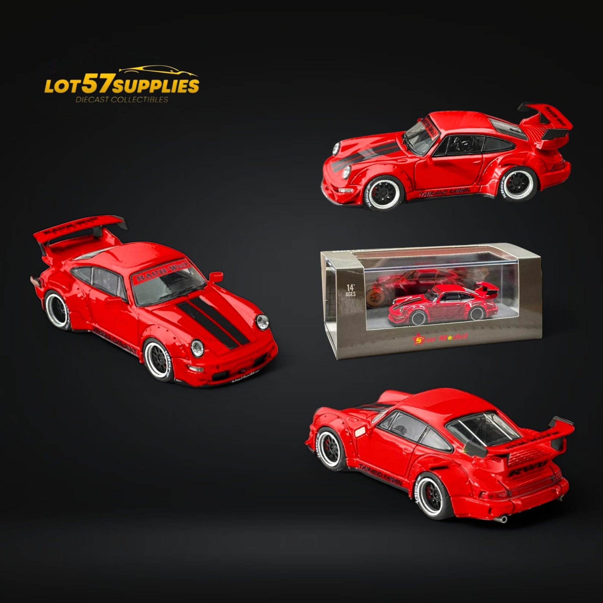 Red 1:64 scale Porsche RWB 964 model car by Star Model, detailed diecast sports vehicle on white background.