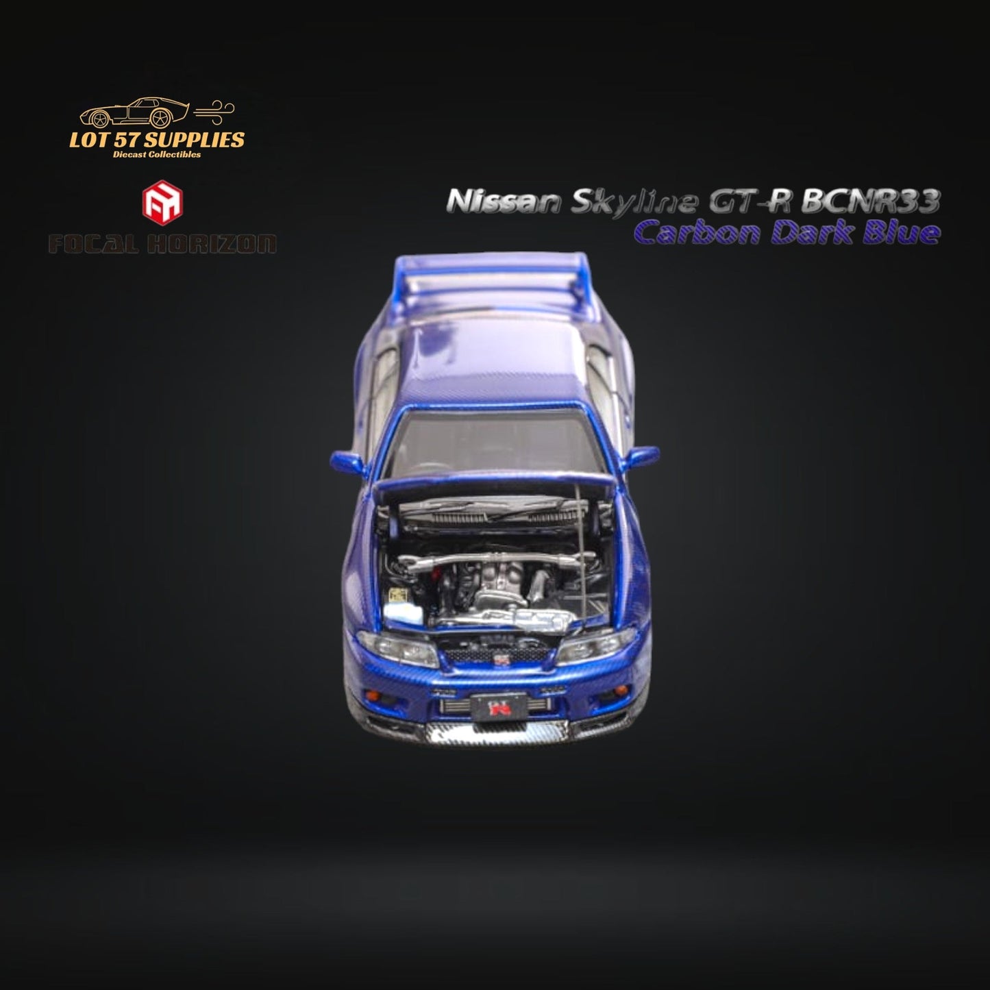 Dark blue Nissan Focal Horizon Skyline GT-R R33 diecast model in 1:64 scale, detailed miniature collectible.