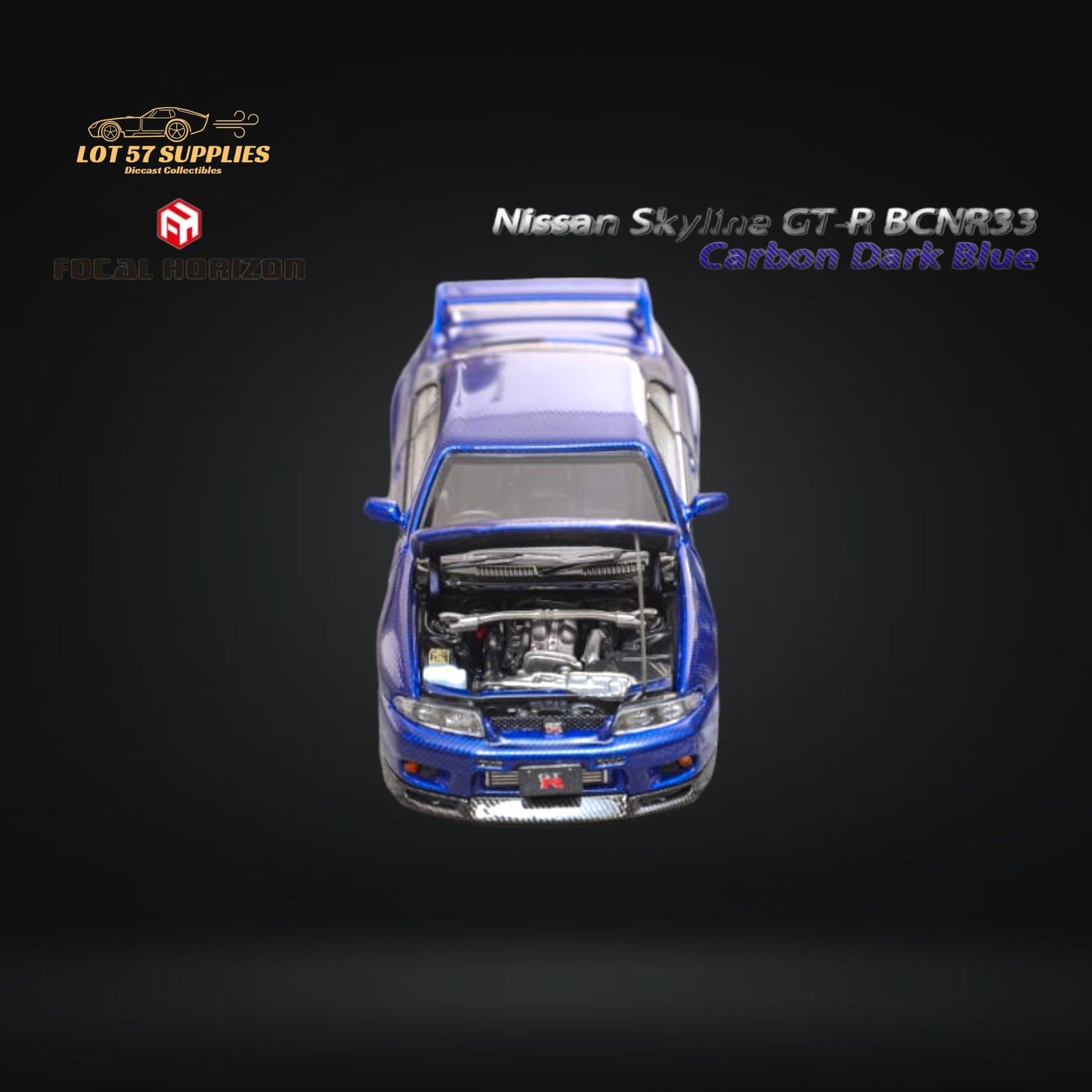 Dark blue Nissan Focal Horizon Skyline GT-R R33 diecast model in 1:64 scale, detailed miniature collectible.