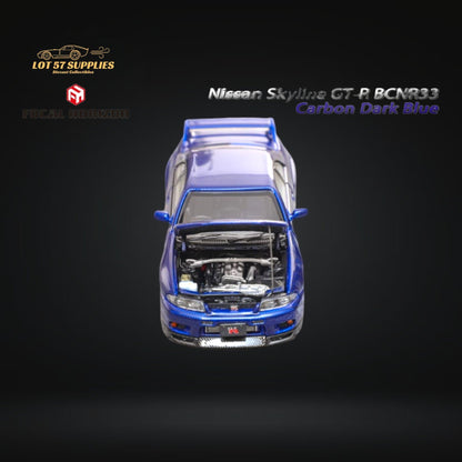 Dark blue Nissan Focal Horizon Skyline GT-R R33 diecast model in 1:64 scale, detailed miniature collectible.