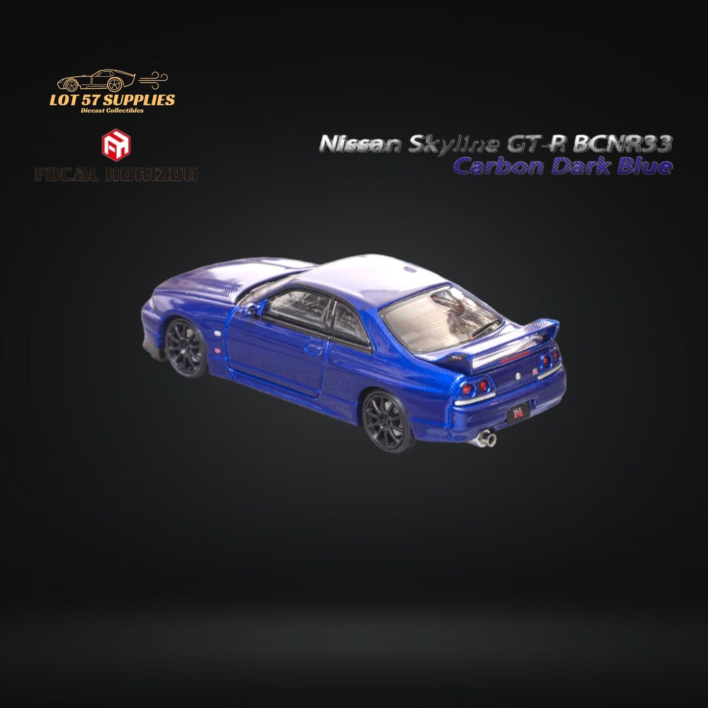 Dark blue Nissan Skyline GT-R R33 diecast model by Lot57Supplies, detailed 1:64 scale collectible car, shown from a side angle.