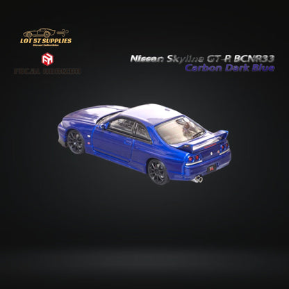 Dark blue Nissan Skyline GT-R R33 diecast model by Lot57Supplies, detailed 1:64 scale collectible car, shown from a side angle.
