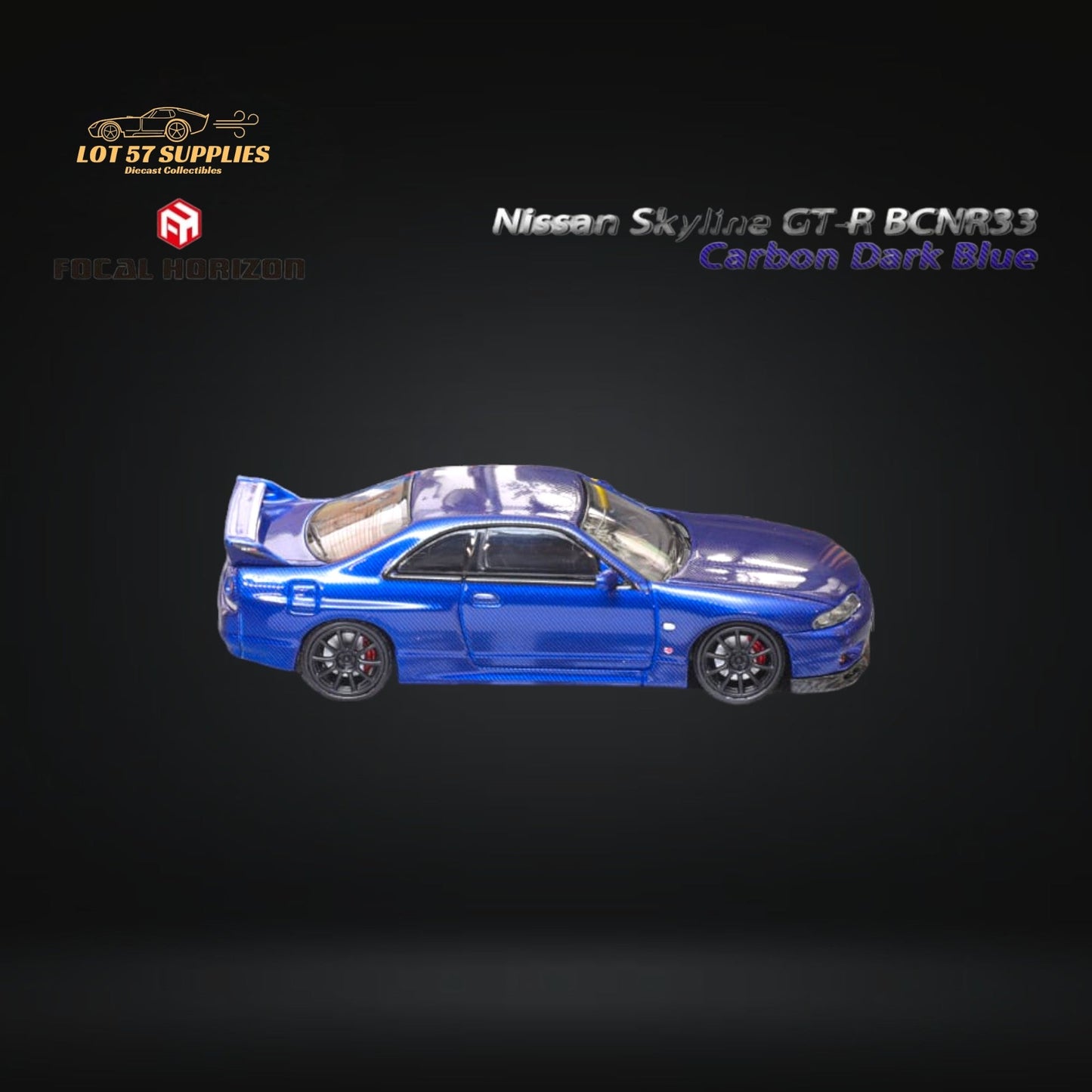Dark blue Nissan Skyline GT-R R33 diecast model by Lot57Supplies, detailed 1:64 scale car with visible exterior features.