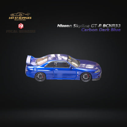 Dark blue Nissan Skyline GT-R R33 diecast model by Lot57Supplies, detailed 1:64 scale car with visible exterior features.