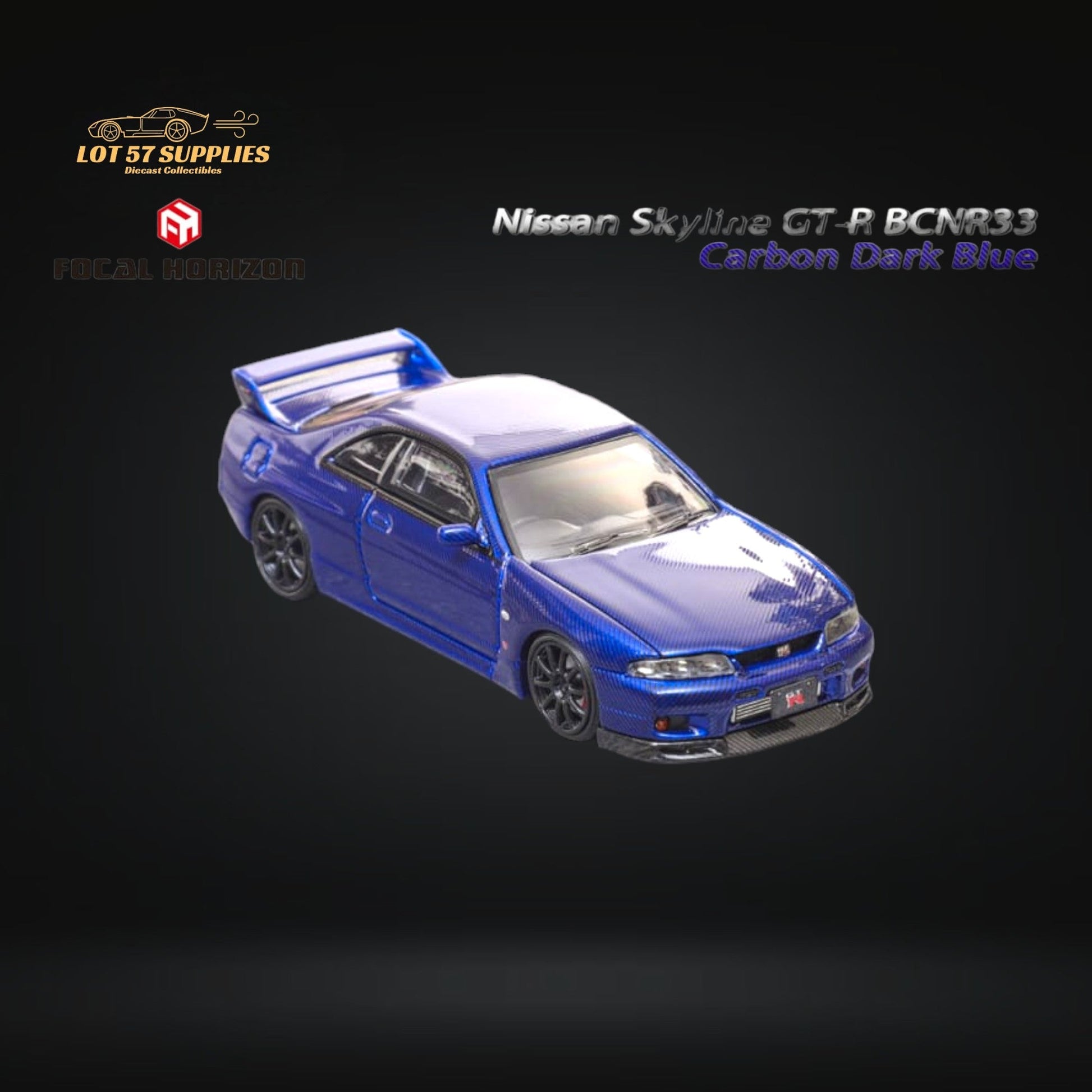 Dark blue Nissan Skyline GT-R R33 diecast model by Lot57Supplies, detailed 1:64 scale with realistic features.